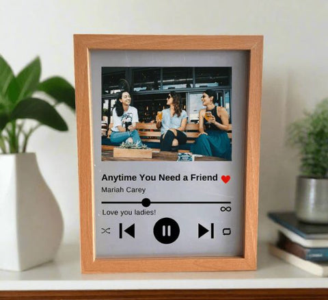 Personalized song plaque frame showing a photo of three women friends and a favorite song, an unusual and unique personalized gift for women