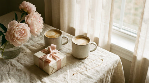 Two cups of coffee, a blush-ribboned gift box, pink peonies and a dainty gold necklace on soft cream linen by a sunlit window, thoughtful gifts for your sister-in-law.