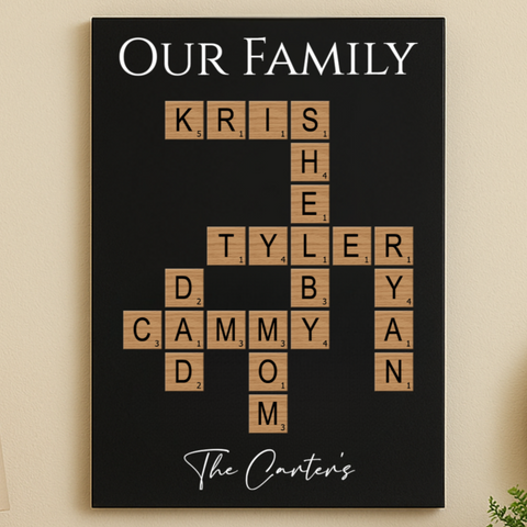 Personalized family crossword wall sign with the grandchildren's names in tile letters, a Christmas gift idea for grandma