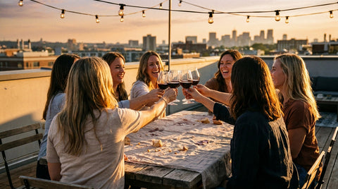 Six women in their late thirties raising wine glasses in a toast around a long table at a golden-hour rooftop birthday dinner party, string lights overhead and a city skyline behind them