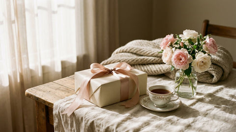 An elegant 70th birthday gift for a woman: a wrapped present with a blush ribbon beside a cozy knit throw, pink roses, and a cup of tea in warm morning light.