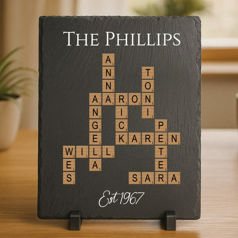 Personalized Christmas gifts for family on a budget, including an engraved family crossword sign, a custom photo puzzle and a family name charcuterie board