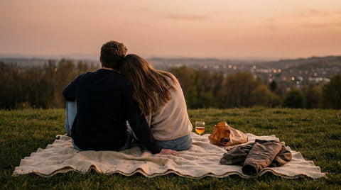 A couple sitting close together on a picnic blanket at sunset above a valley, one of 31 one year anniversary ideas that are not dinner