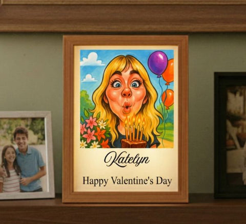 Personalized caricature light box of a smiling blonde woman with the name Katelyn and Happy Valentine's Day, set on a shelf beside family photos