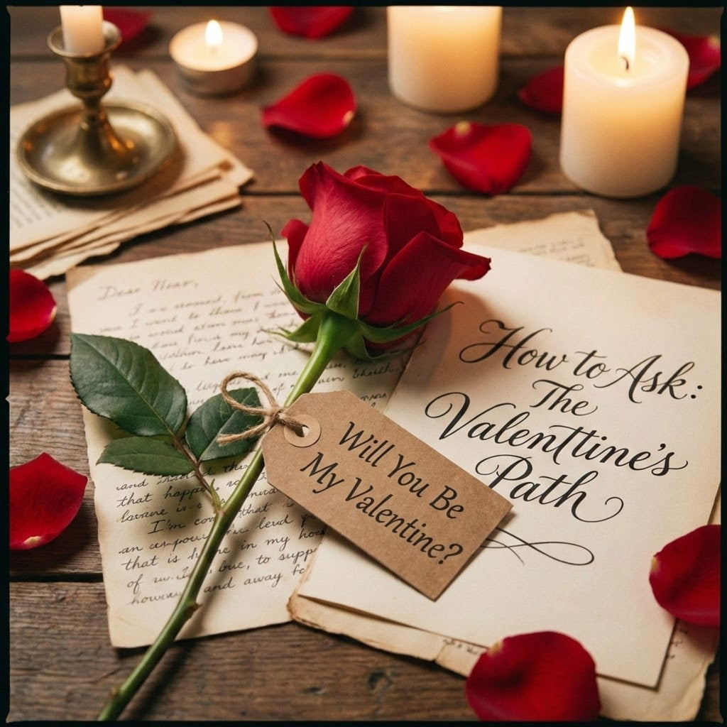 A romantic single red rose with a tag asking Will You Be My Valentine, serving as a guide on how to ask someone to be your valentine.