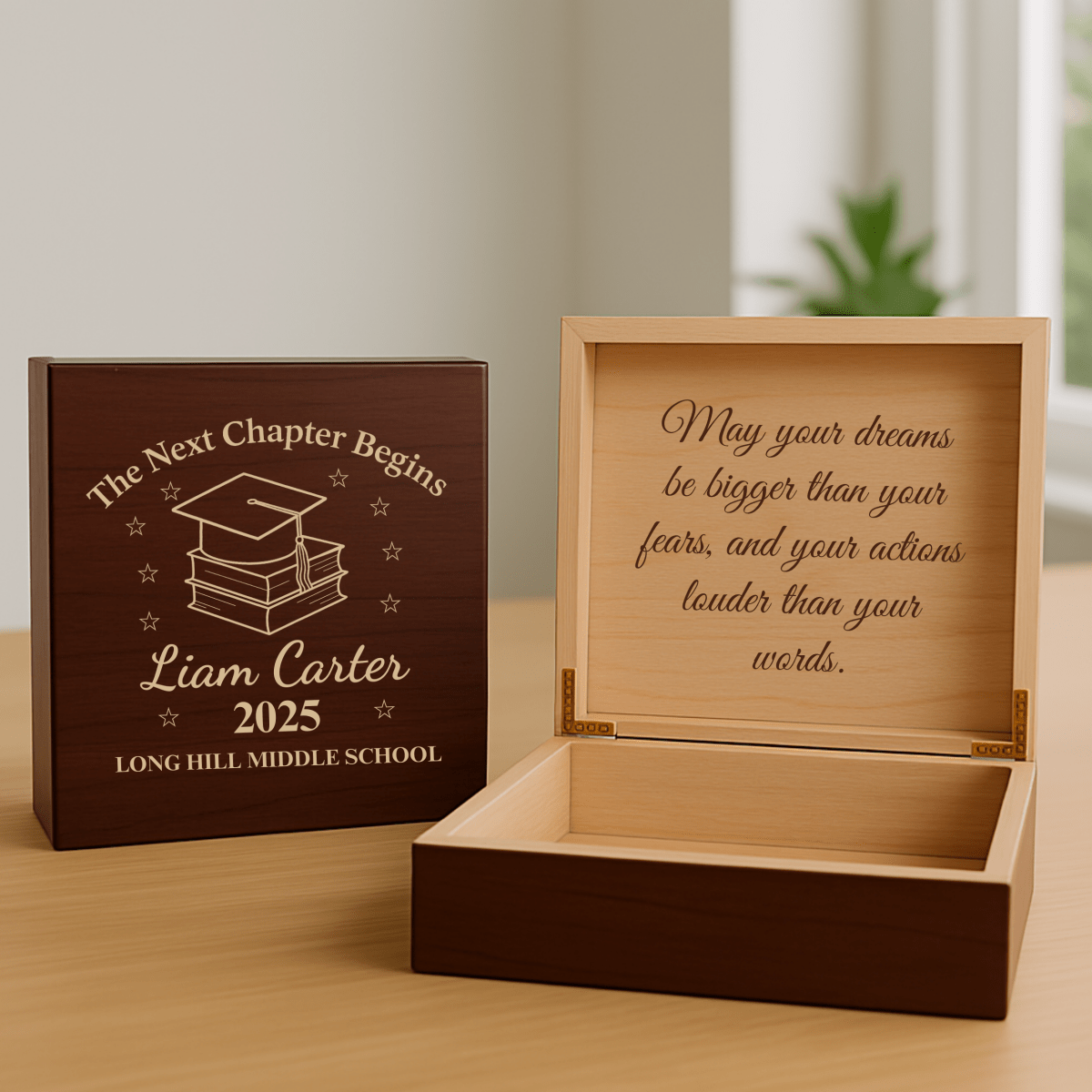 Personalized wooden keepsake box with graduation cap and books design, engraved with name, year, and school for 8th-grade graduates