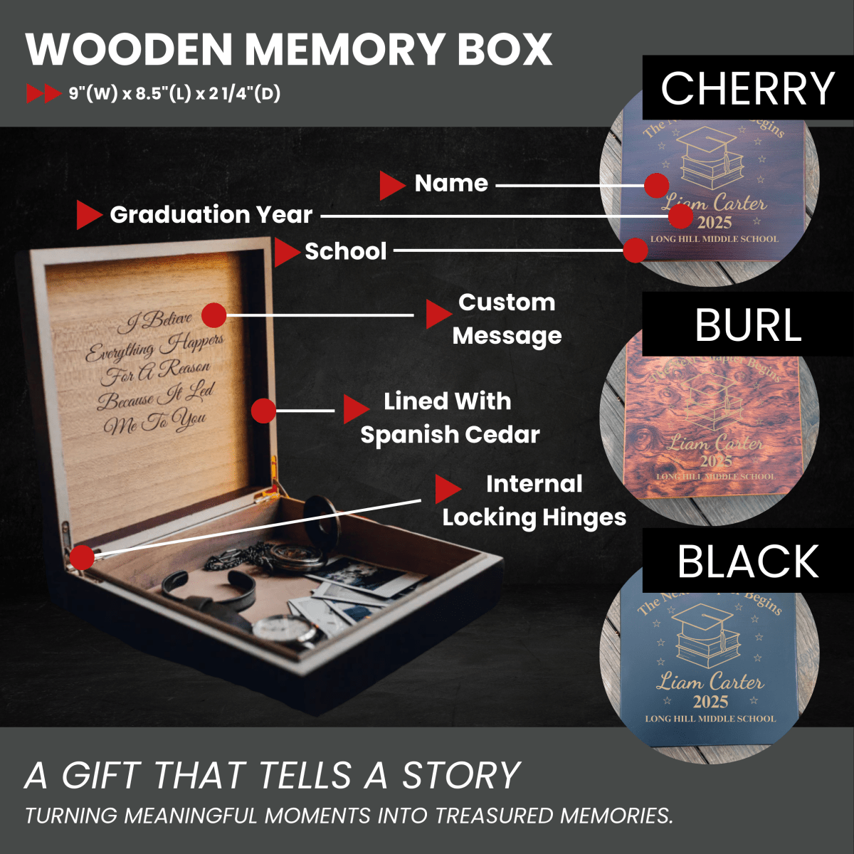 Personalized wooden keepsake box with graduation cap and books design, engraved with name, year, and school for 8th-grade graduates