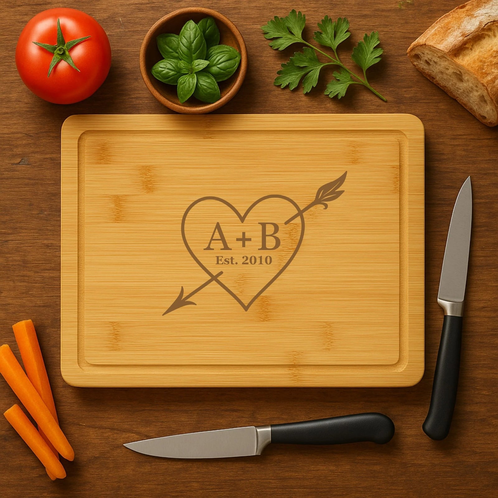 Personalized bamboo anniversary cutting board with heart and initials design
