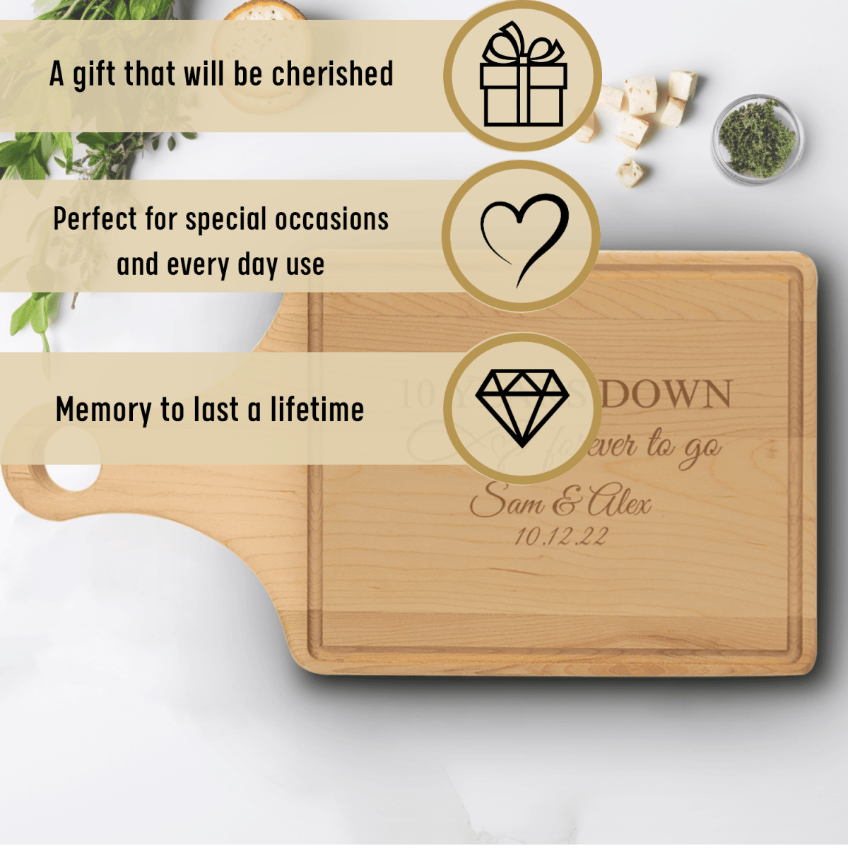 Anniversary Maple Paddle Cutting Board With 10 Years Down Design