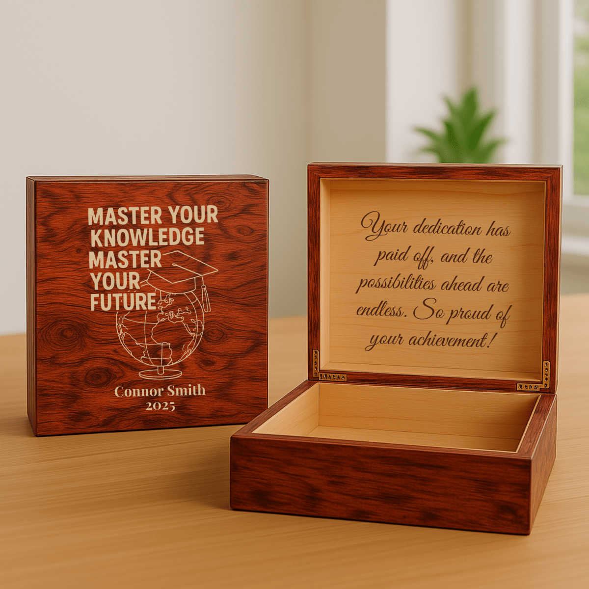 Custom Master’s graduation keepsake box with engraved name, year, globe and cap design, and optional heartfelt inside message