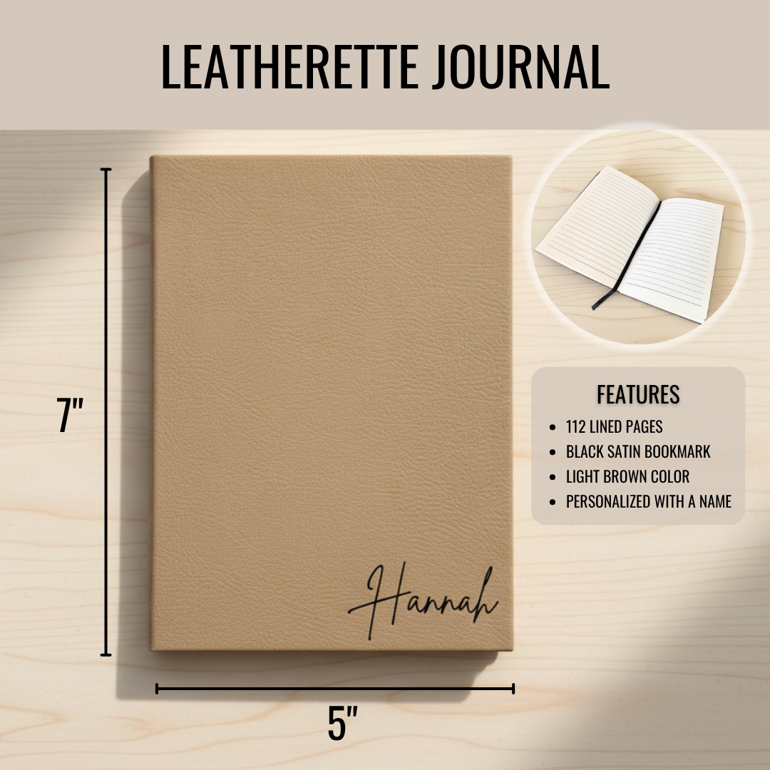 Light brown leatherette journal with sample name "Hannah" engraved in script at the bottom, shown with dimensions of 7 inches tall by 5 inches wide and featuring 112 lined pages and black satin bookmark
