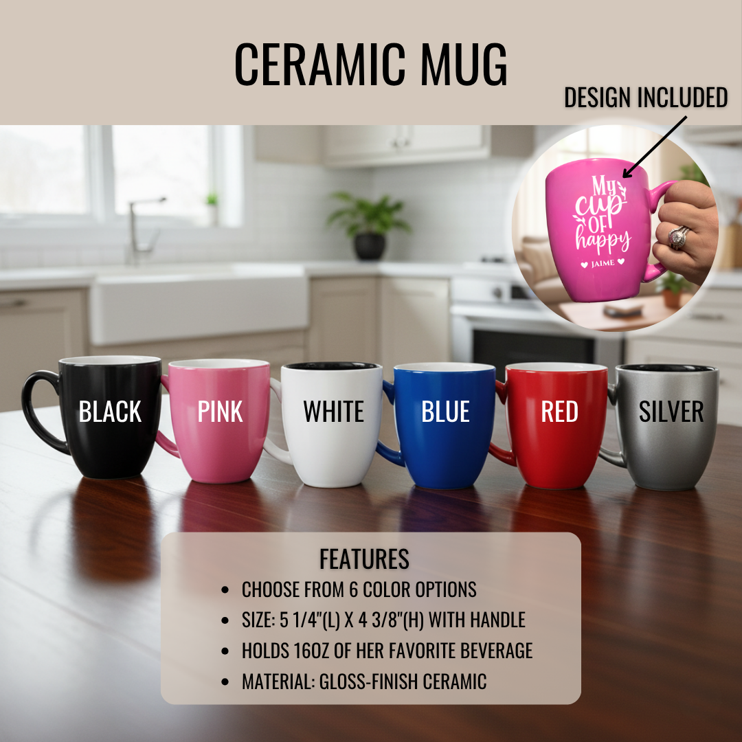 Row of six ceramic mugs in black, pink, white, blue, red, and silver with a closeup showing a pink mug personalized with sample text "Must Stay Happy" and name "JAIME