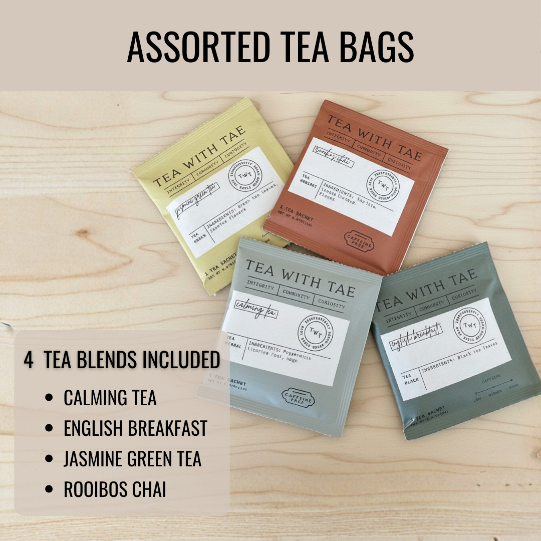 Four tea blend sachets in assorted colors—yellow, rust, light gray, and sage green—labeled Calming Tea, English Breakfast, Jasmine Green Tea, and Rooibos Chai, displayed on natural wood surface.