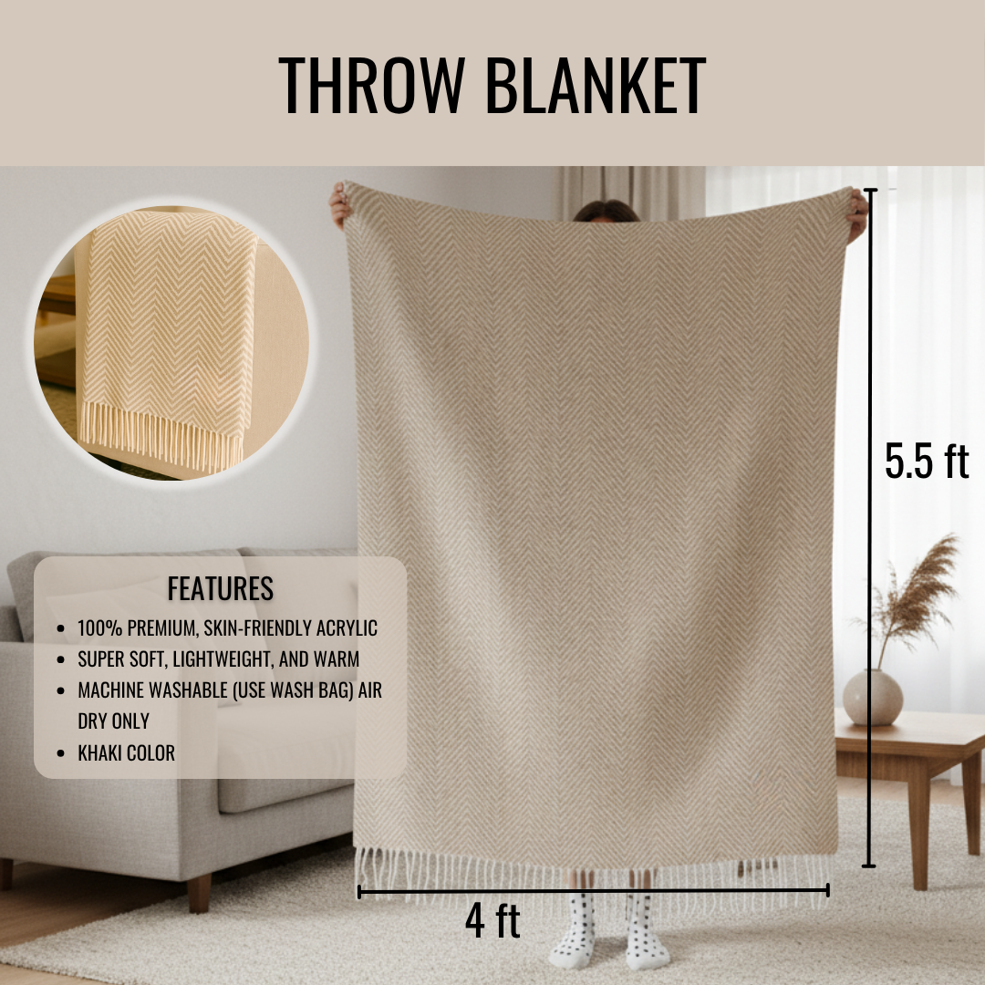 Khaki herringbone throw blanket measuring 4 feet wide by 5.5 feet long, displayed held up to show full size, with fringe trim detail visible in circular inset