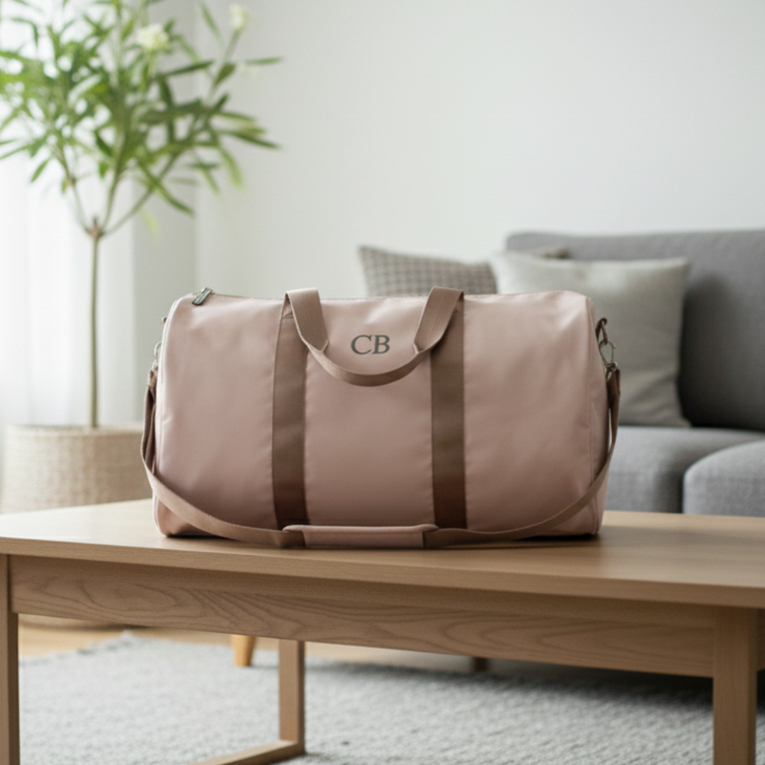 Blush pink duffel bag with brown handles and straps, embroidered with sample monogram "CB" on the curved top flap, displayed on a wooden table in a home setting.
