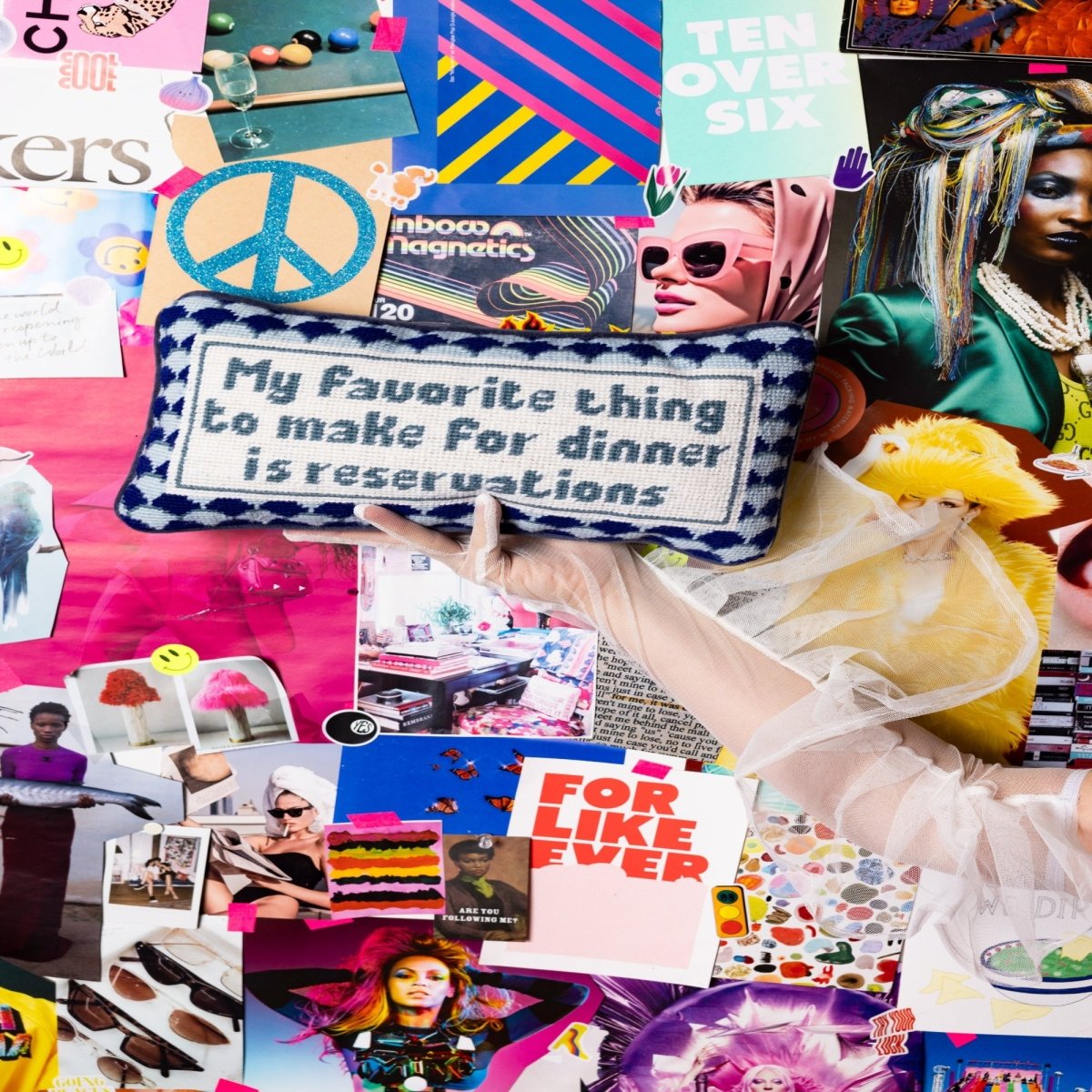 Reservations needlepoint pillow with 100% wool front and cotton velvet back, 8x14 inches, ideal for humor-filled, stylish decor.