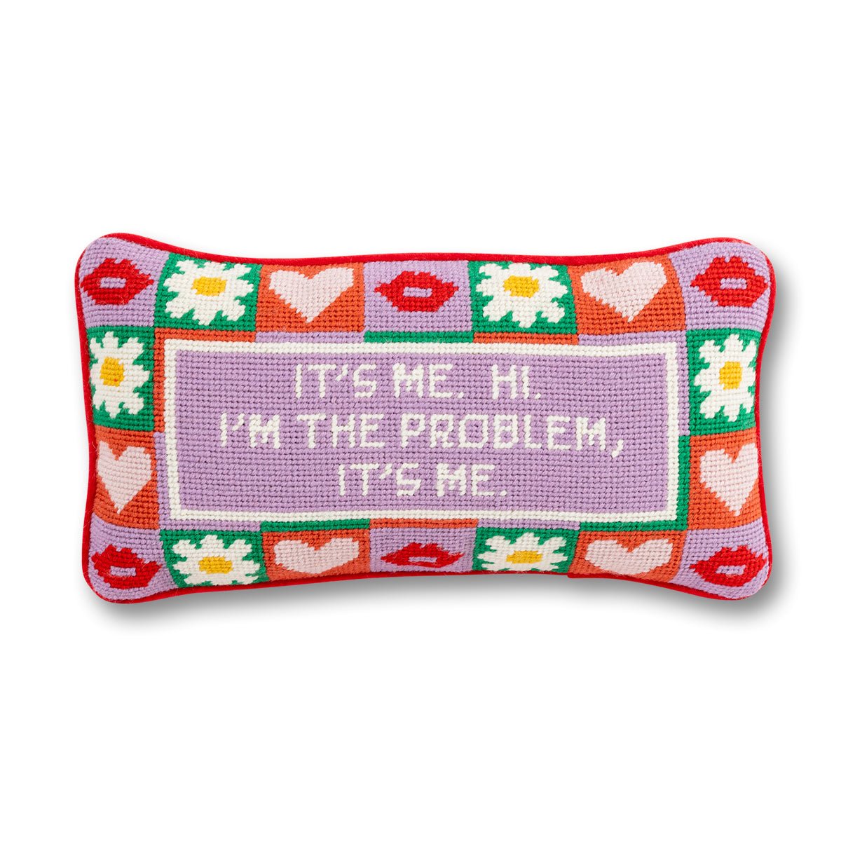 It’s Me needlepoint pillow with cheeky wool embroidery and a luxurious cotton velvet back, measuring 8x14 inches, ideal for fun and stylish decor.