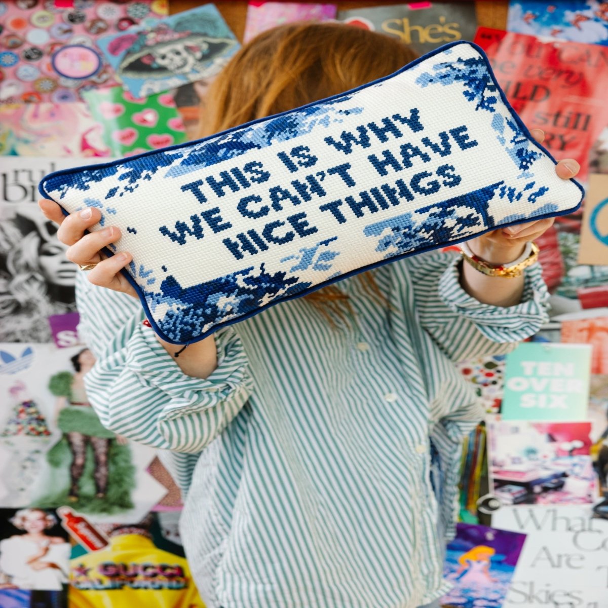 This Is Why We Can’t Have Nice Things needlepoint pillow with wool embroidery, cotton velvet back, 8x14 inches, perfect for relatable and fun decor.