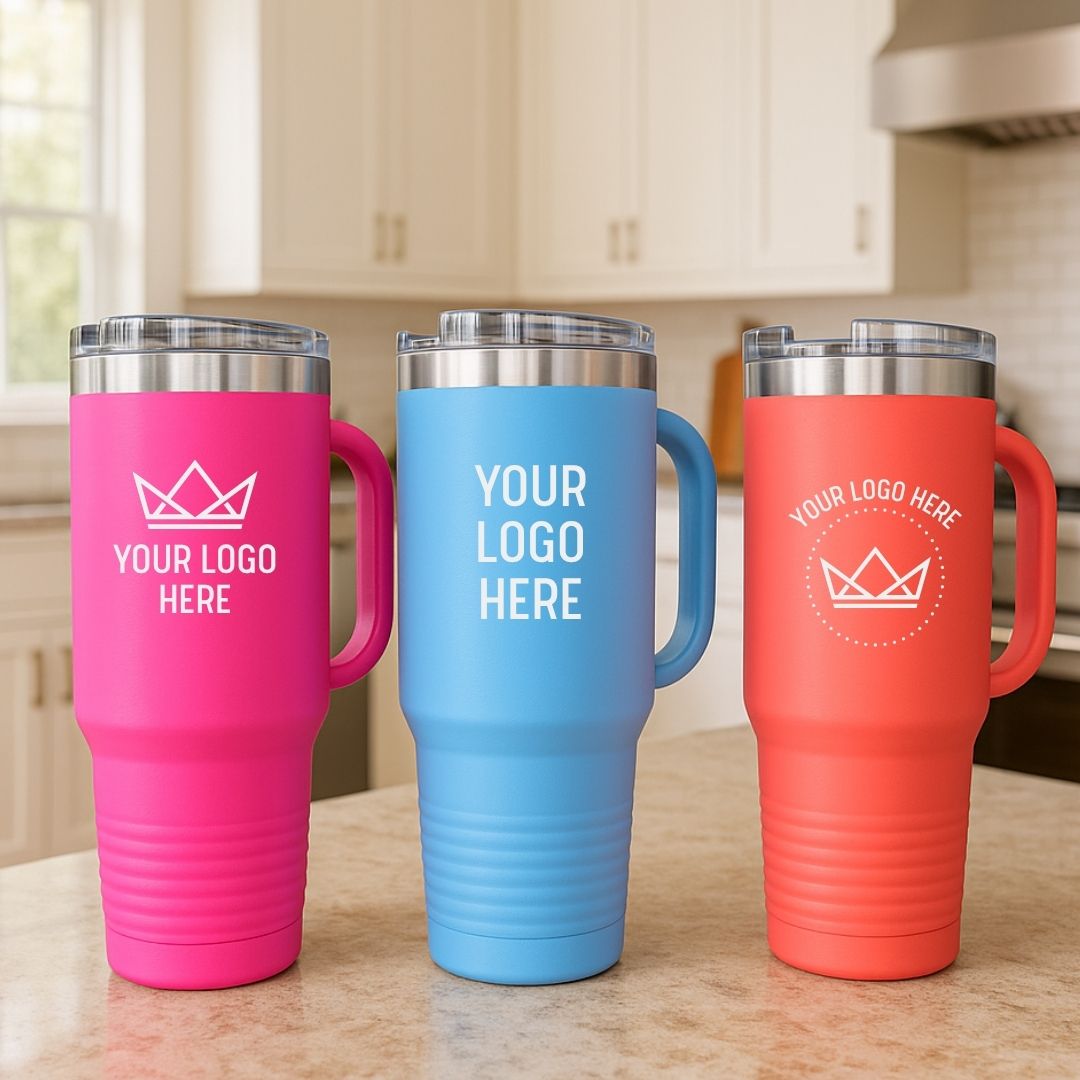 Three insulated tumblers with handles and lids displayed on a kitchen counter—pink with crown logo, blue with "YOUR LOGO HERE" text, and coral with dotted-circle crown design.