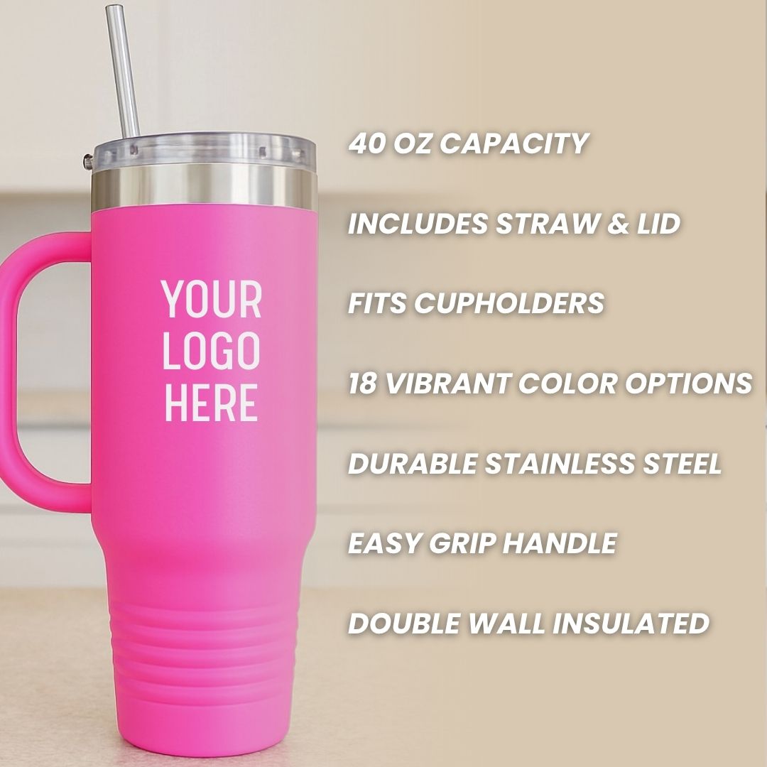 Bright pink 40 oz tumbler with stainless steel rim and clear lid, featuring sample text "YOUR LOGO HERE" and included clear straw, shown with product specification callouts.