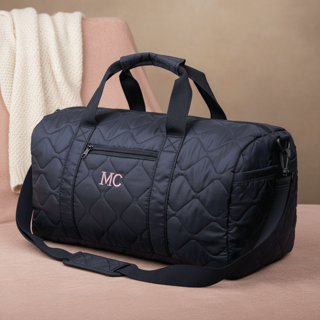 Black quilted duffel bag with sample initials "MC" embroidered in pink on the front, shown with shoulder strap and carrying handles