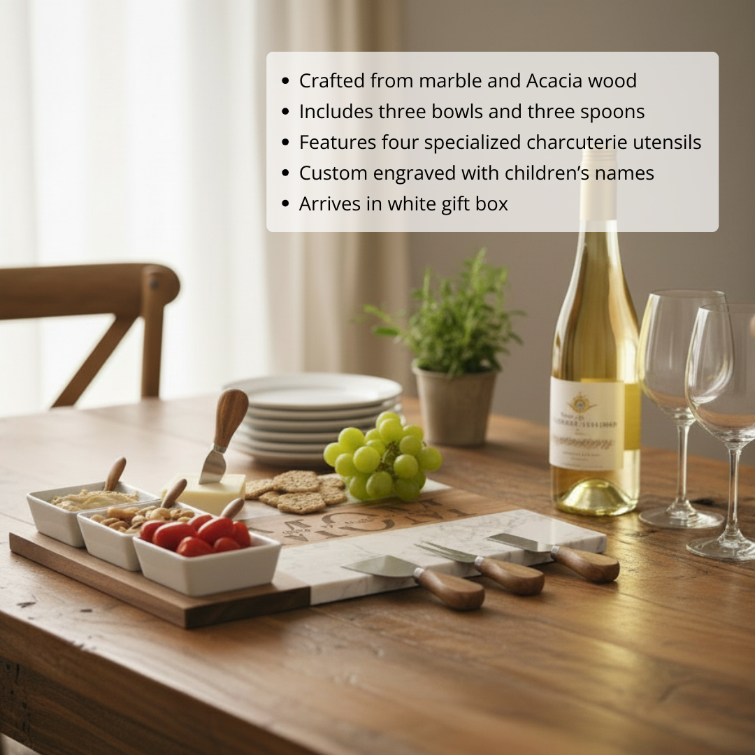 Marble and acacia wood charcuterie board styled on dining table with wine, grapes, crackers, and three white bowls containing cheese, nuts, and tomatoes, accompanied by wooden-handled spreader knives