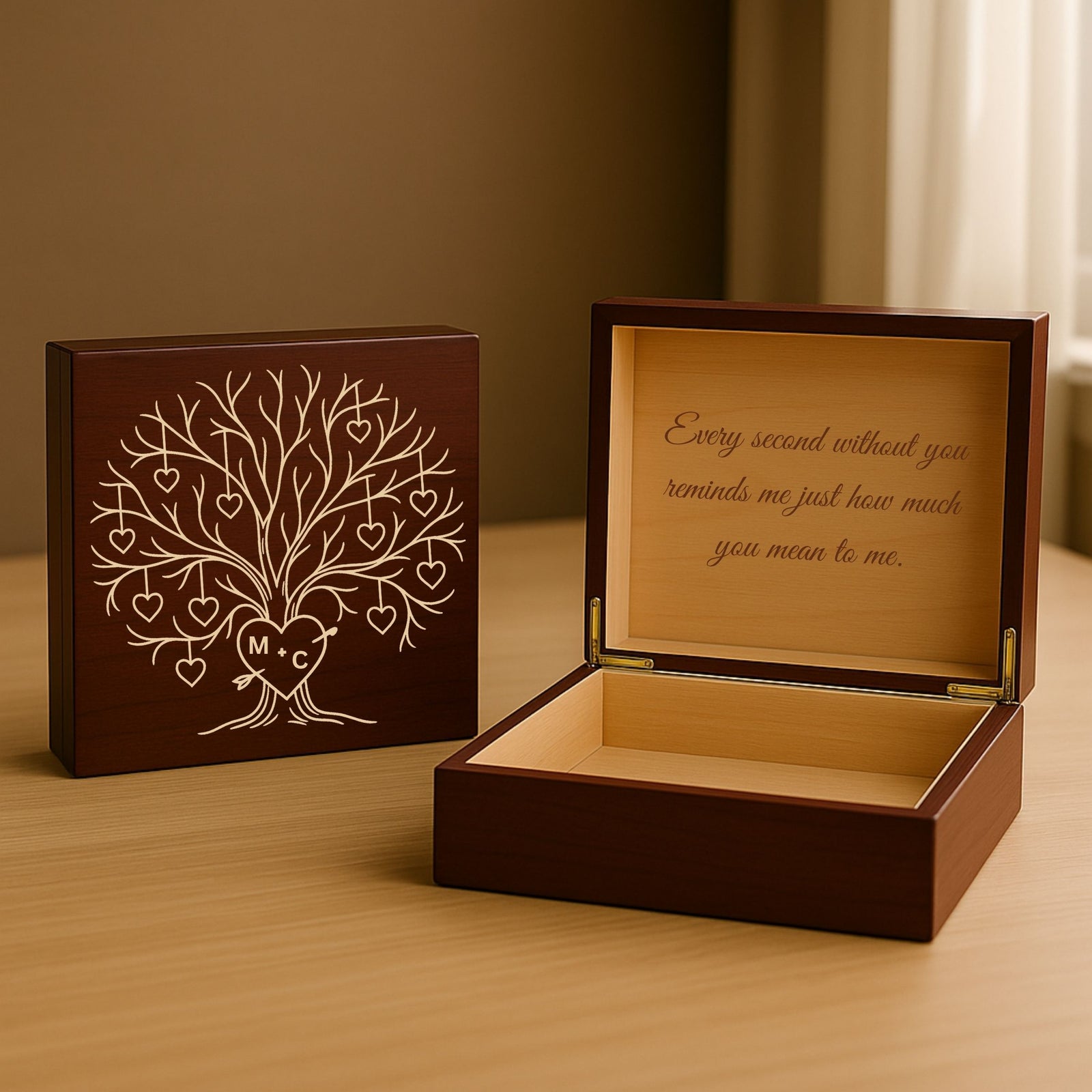 Personalized Stay Close Message Box with Initials on Tree Trunk in White, Teal, or Cherry Finish