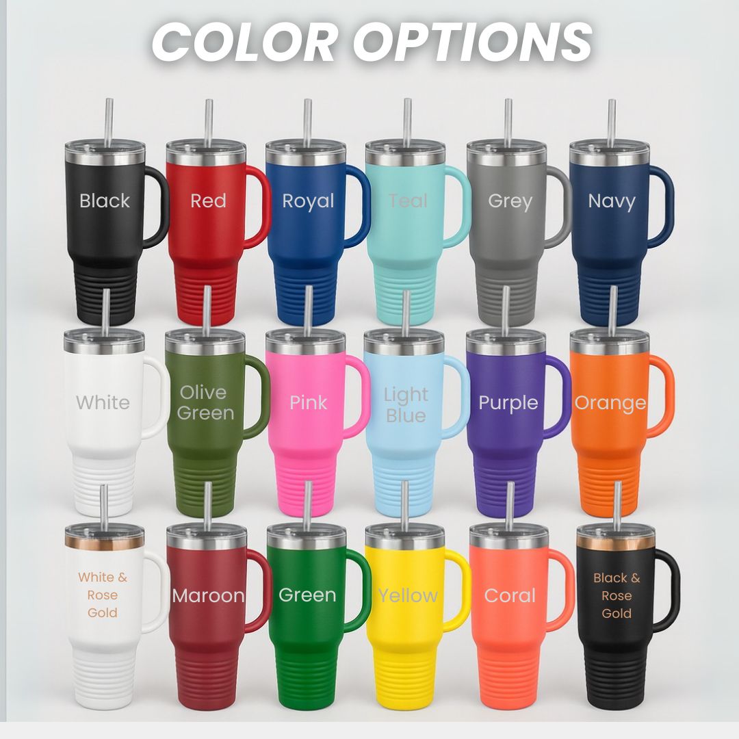 Grid displaying 16 color options for the 40 oz. tumbler, including black, red, royal blue, teal, grey, navy, white, olive green, pink, light blue, purple, orange, white & rose gold, maroon, green, yellow, coral, and black & rose gold.