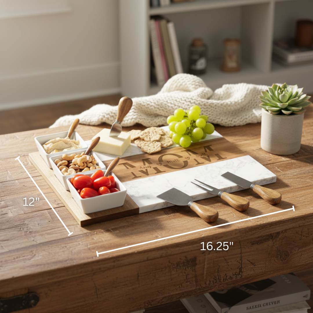 Personalized charcuterie board with sample engraved names, styled with cheeses, crackers, grapes, nuts, and three serving bowls with wooden spoons