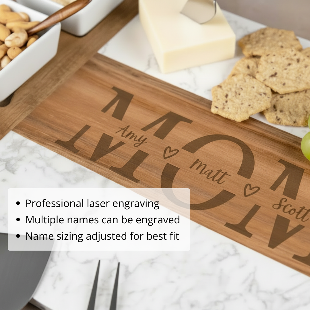 Acacia wood serving board laser-engraved with sample names Amy, Matt, and Sofia surrounded by decorative hearts, displayed with crackers and cheese.