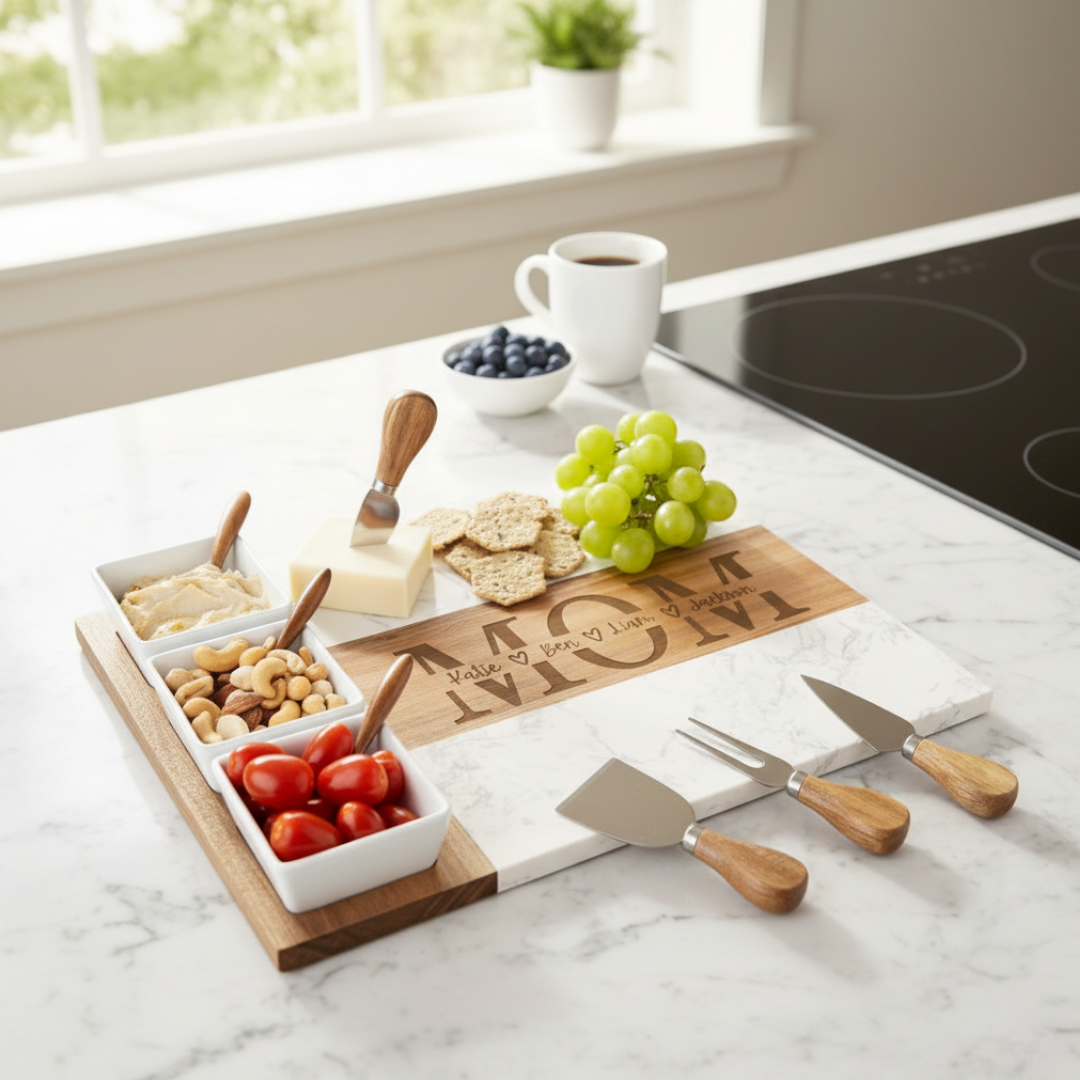 Marble and acacia wood charcuterie board engraved with sample names, displayed on kitchen counter styled with cheese, grapes, crackers, bowls, and wooden serving utensils
