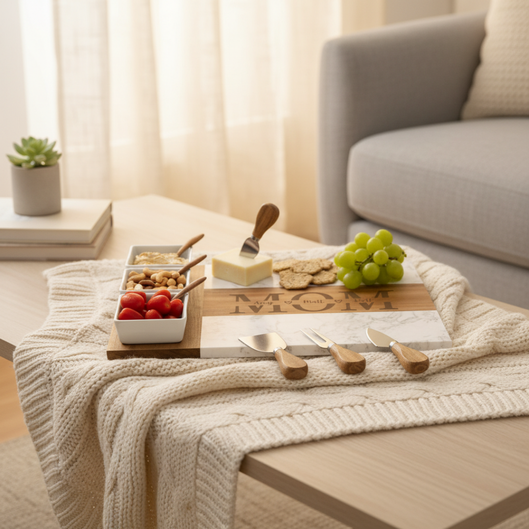 Personalized charcuterie board styled on a cream blanket with sample engraving, displayed with three ceramic bowls, wooden spoons, cheese, grapes, and crackers in a living room setting.