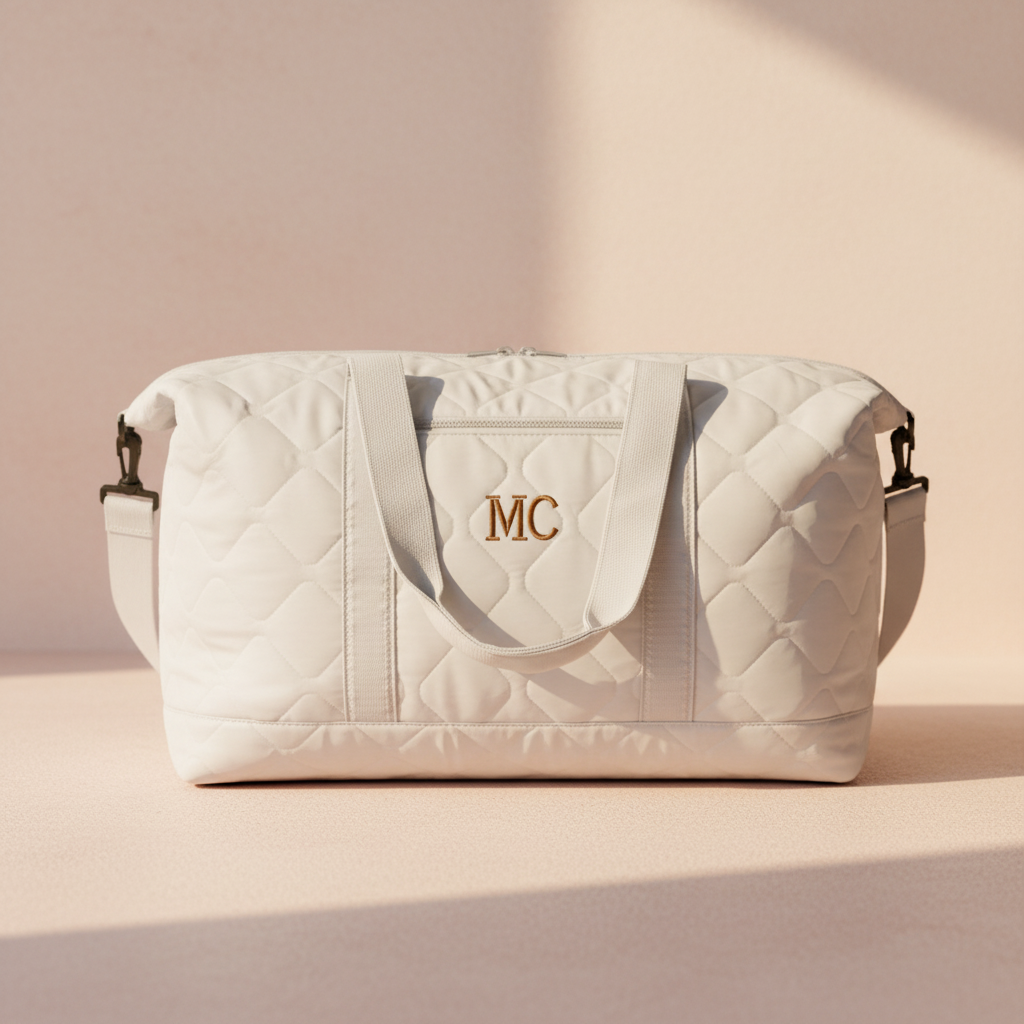 Cream quilted duffel bag with dual handles and adjustable shoulder strap, personalized with sample initials "MC" in gold embroidery on front panel.