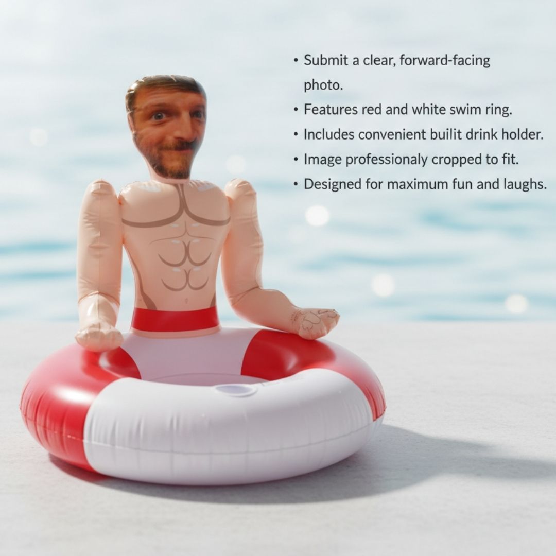 Inflatable pool float with red and white swim ring, featuring a custom photo head on a muscular torso body floating on beach sand with ocean in background.