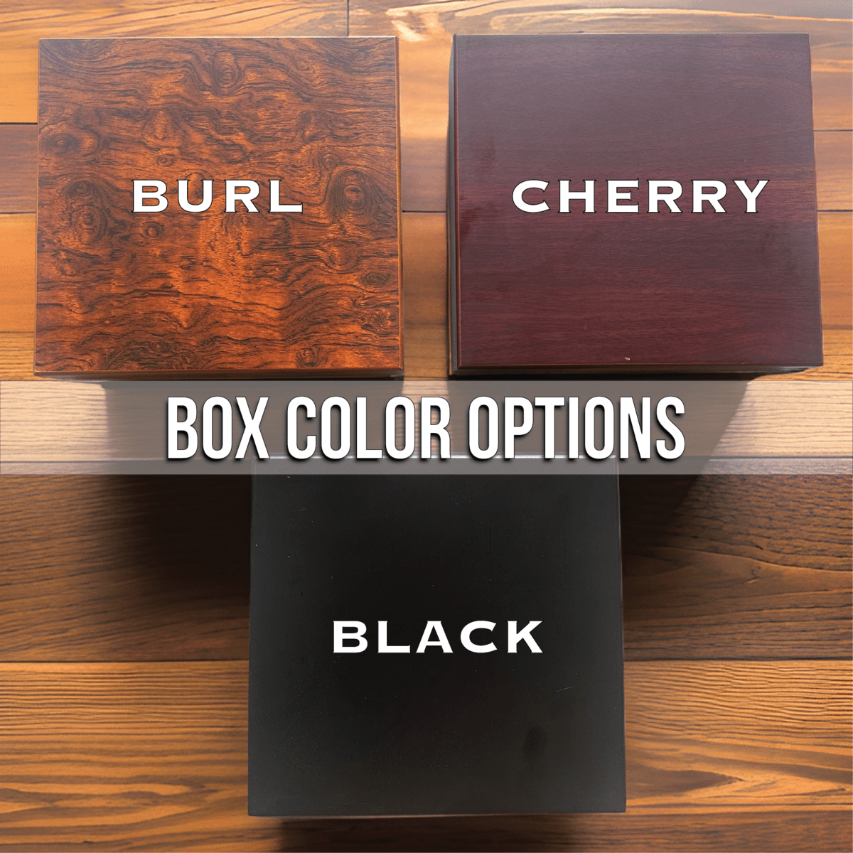 Three wood finish options for the personalized baby keepsake box shown as closed lids side by side: burl, cherry and black stained wood