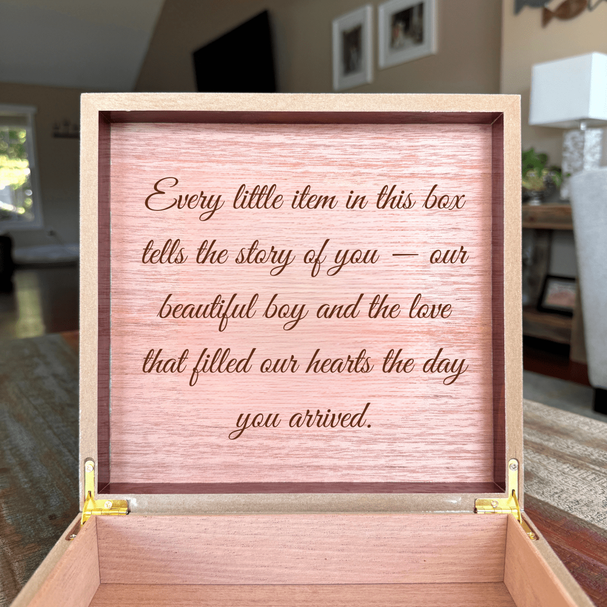 Custom wooden baby keepsake box with engraved name, birthdate, and message—perfect for storing newborn mementos and memories