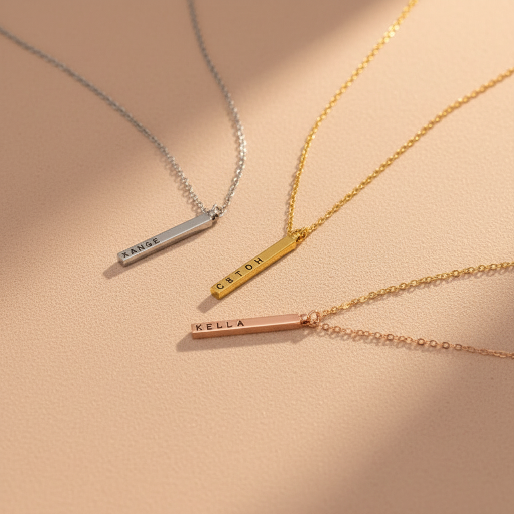 Three nameplate bar necklaces displayed side-by-side, engraved with sample names "XAANGE" in silver, "CETOH" in gold, and "KELLA" in rose gold, each suspended from delicate chains.
