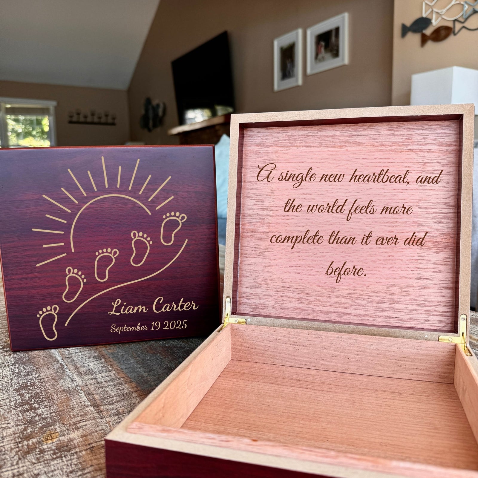 Wooden newborn keepsake box with custom engraving for baby name, date, and message