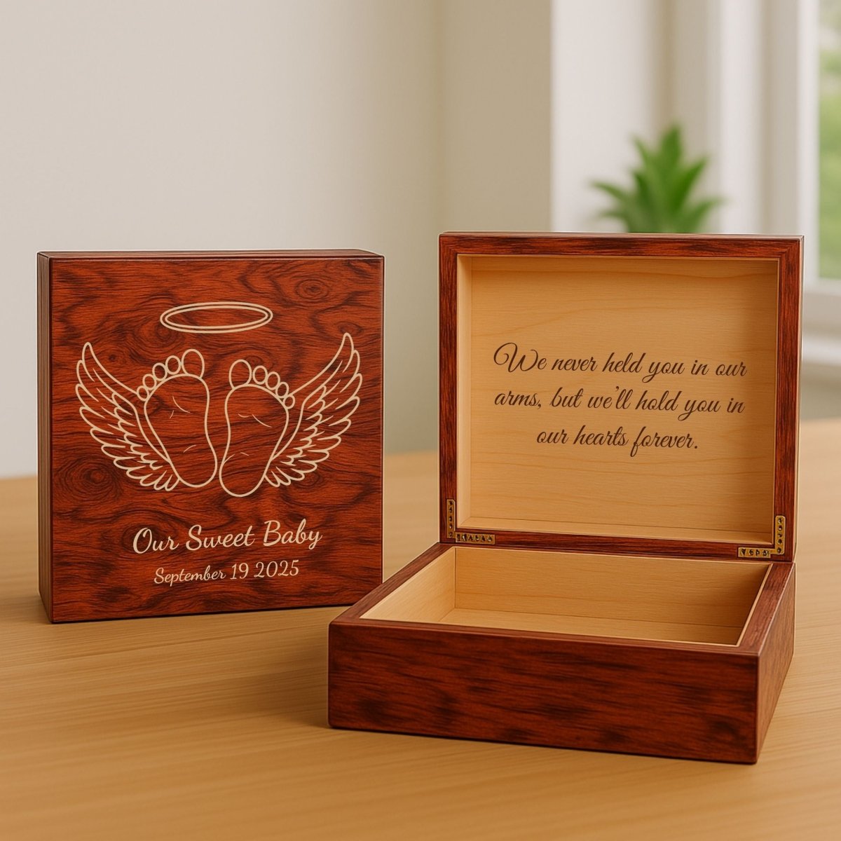 Custom miscarriage memory box with baby name, angel wings, and heartfelt message