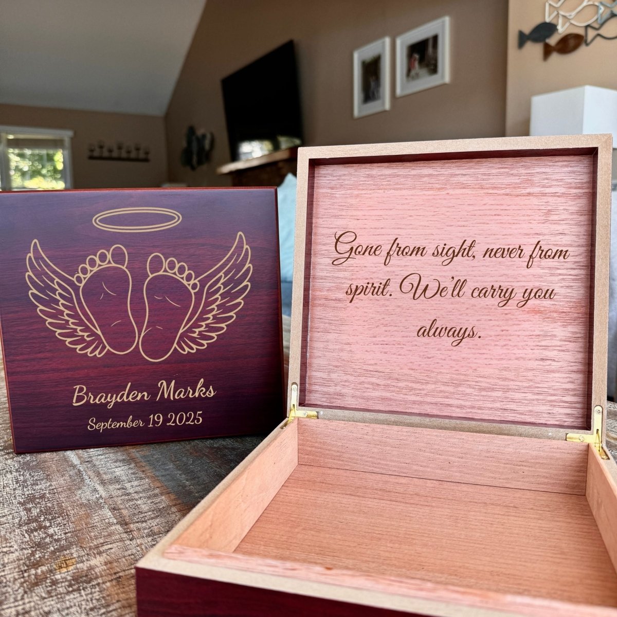 Custom miscarriage memory box with baby name, angel wings, and heartfelt message