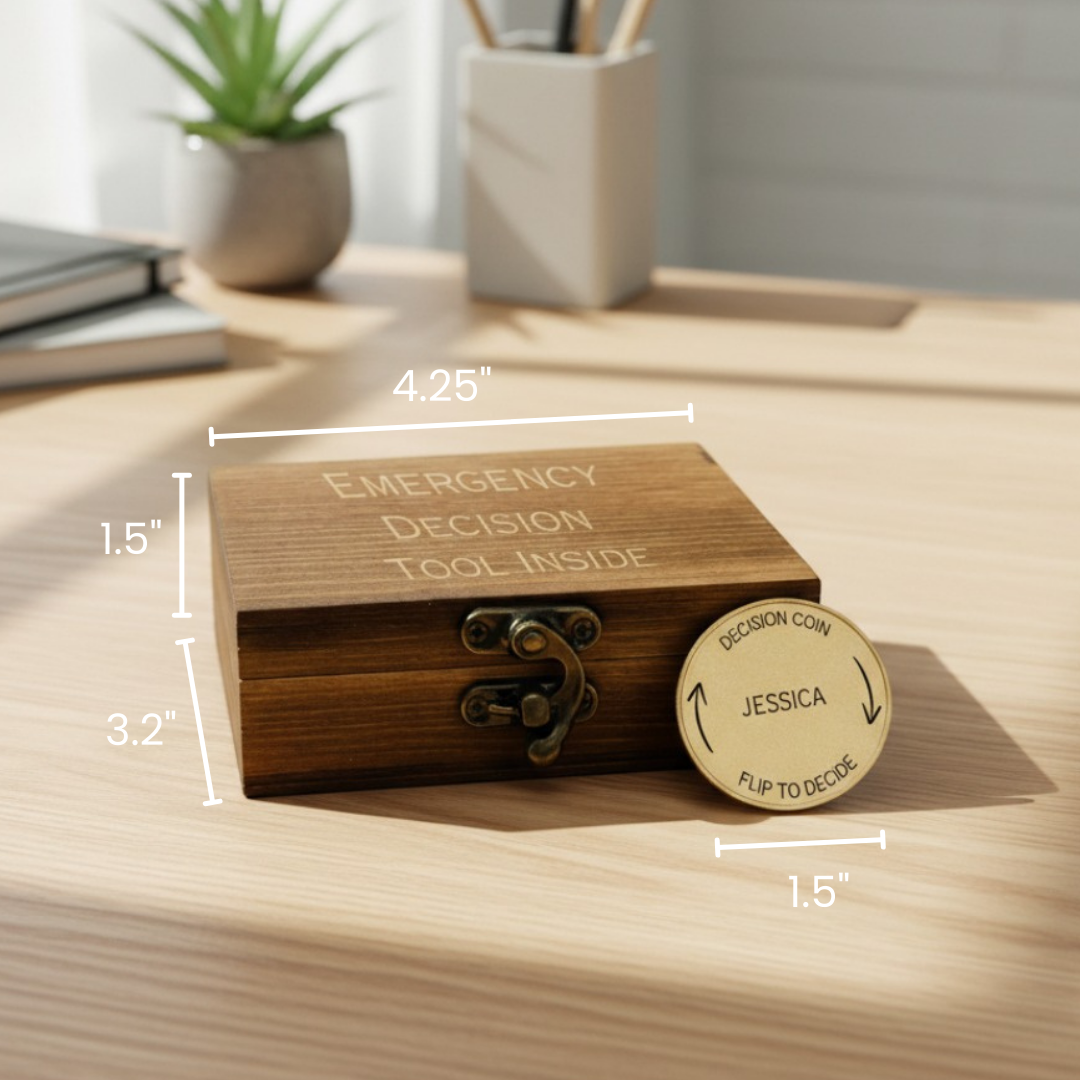 Wooden box engraved with "Emergency Decision Tool Inside" and brass decision coin with sample name "Jessica" and "Flip to Decide" text, shown with dimensions.