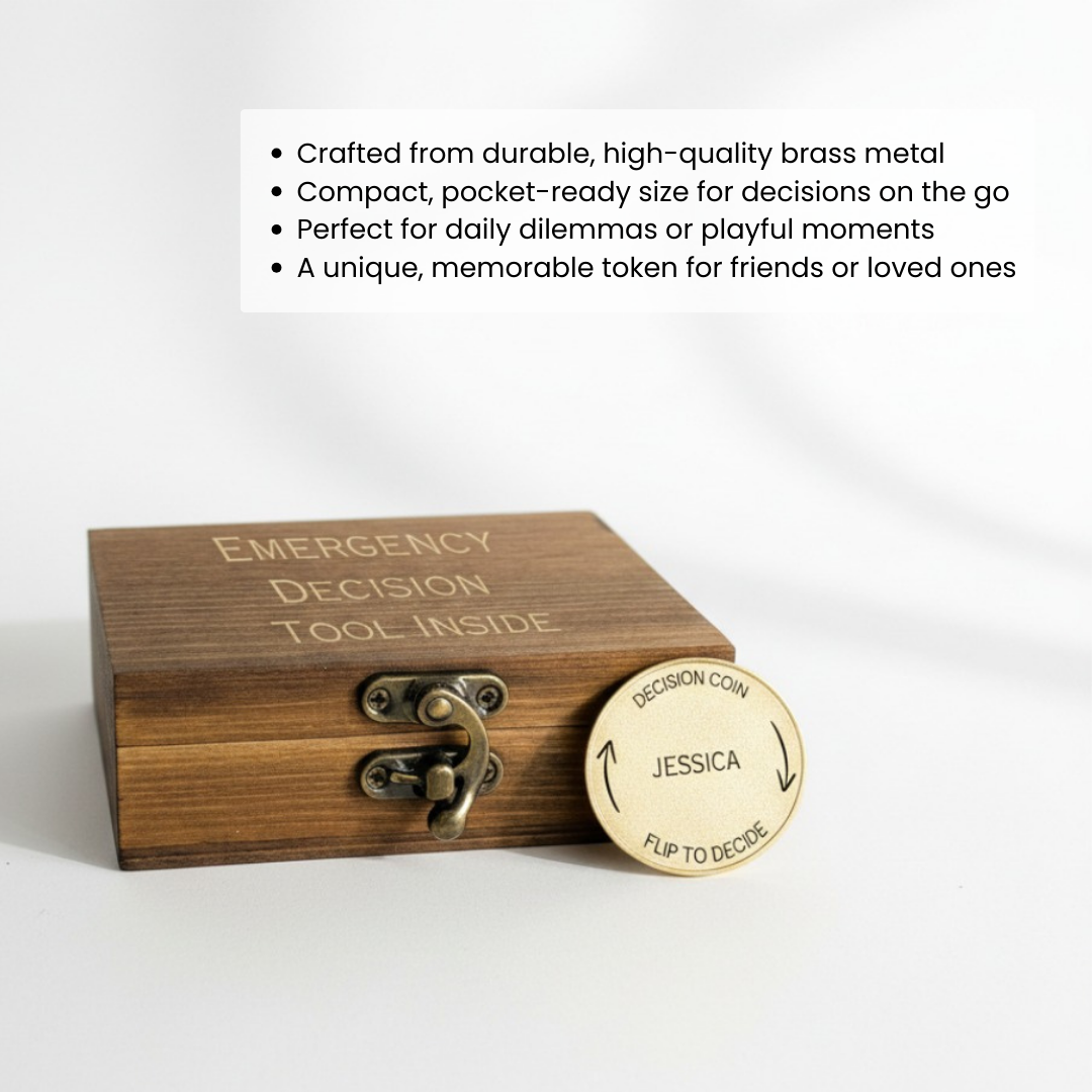Wooden box engraved with "Emergency Decision Tool Inside" and brass decision coin showing sample name "Jessica" with "Flip to Decide" text