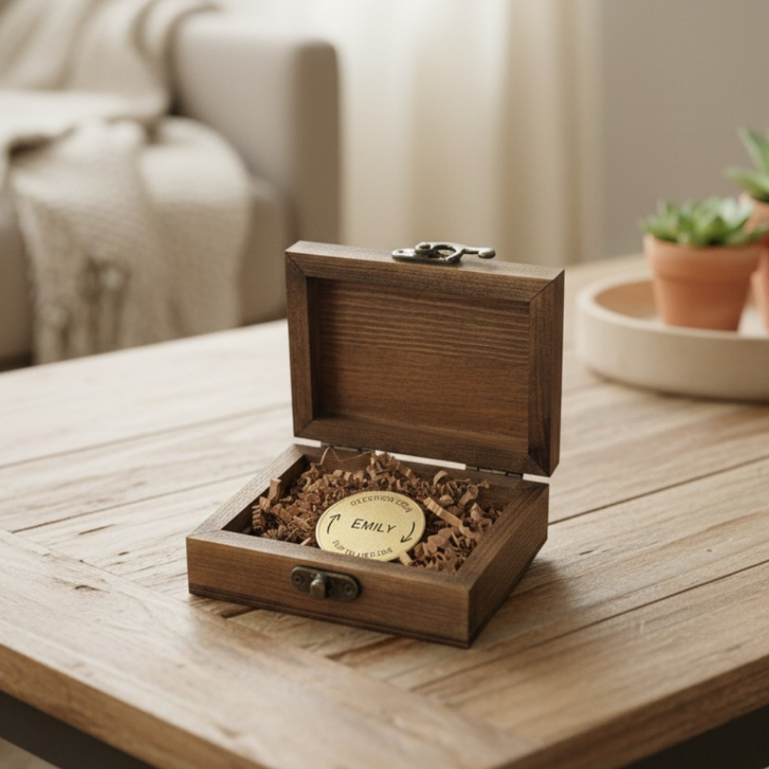 Dark wood box open to reveal brass decision coin with sample name "EMILY" engraved on cream-colored center, nestled in brown shredded paper padding