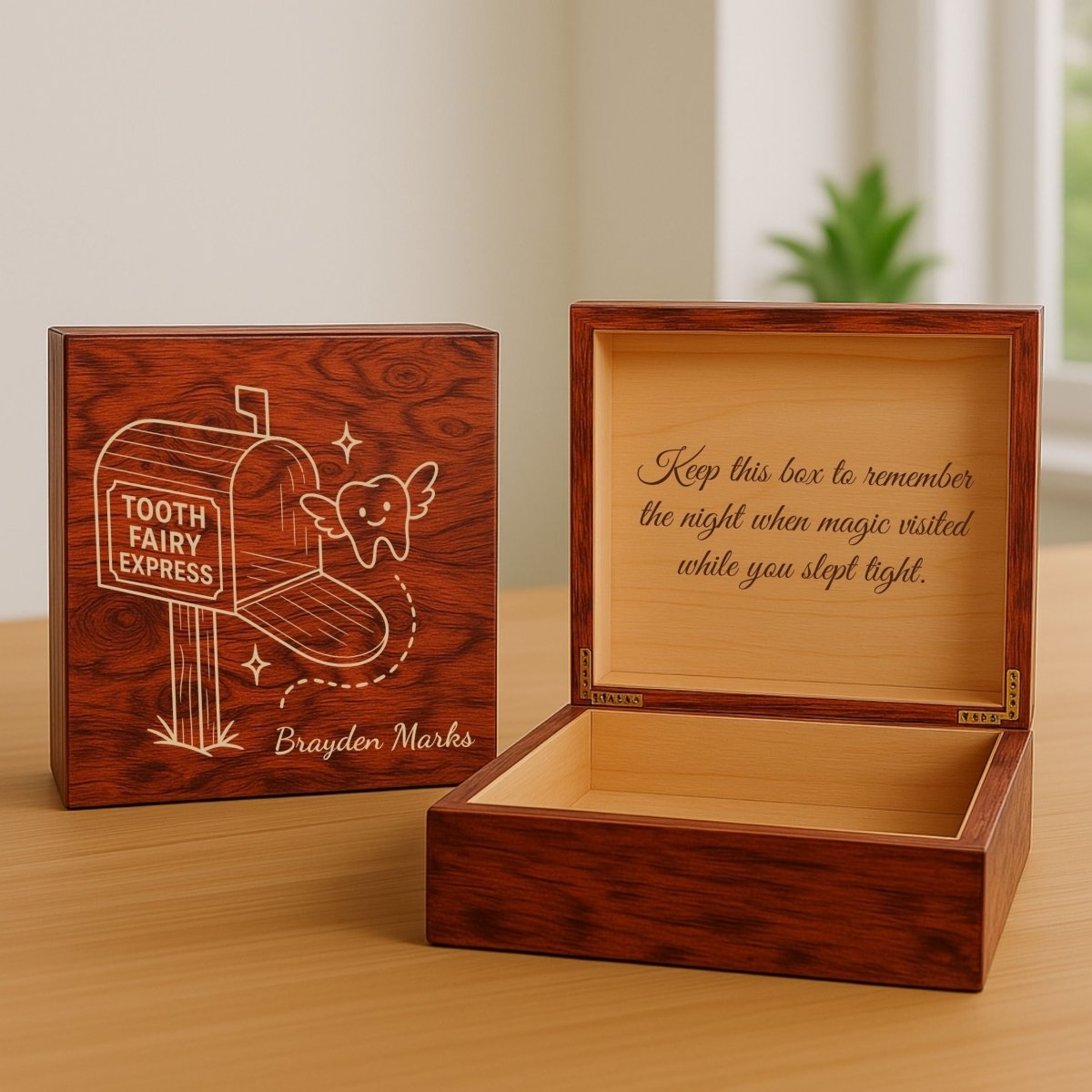 Personalized wooden Tooth Fairy Keepsake Box for children, featuring engraved name, custom message, and charming fairy-themed design