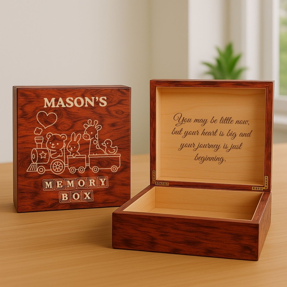 Personalized wooden memory box for kids with custom name and message