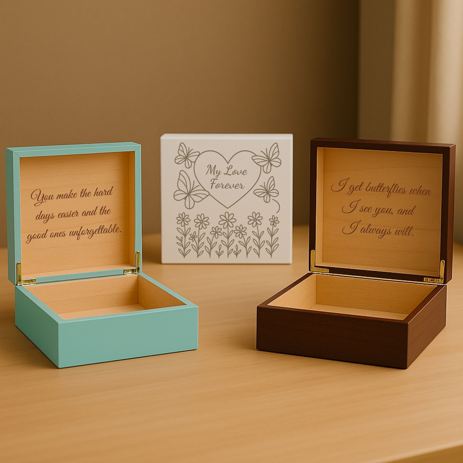 Custom Love Keepsake Box with Personalized Engraving in White, Teal, or Cherry Finish