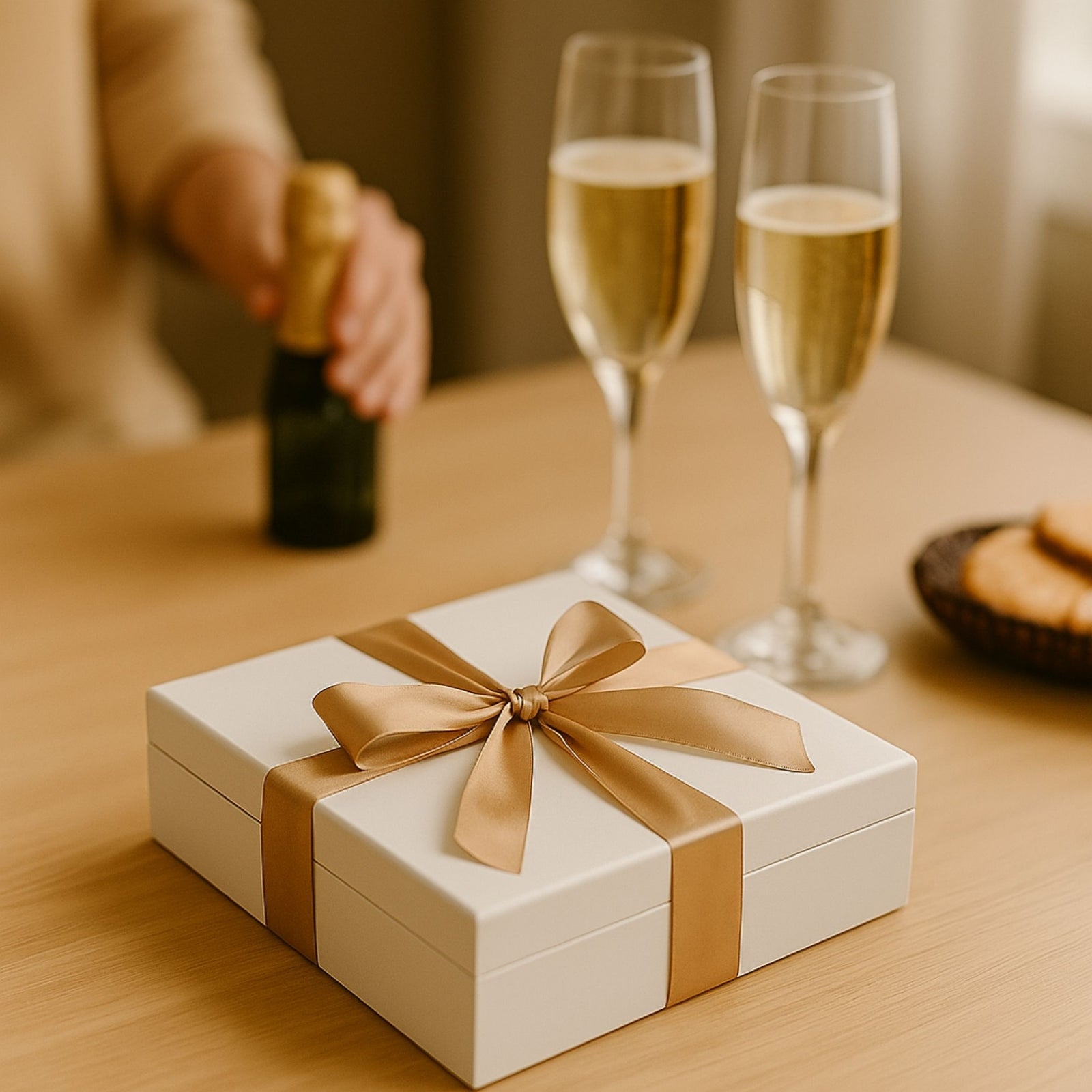 White wooden keepsake box with gold satin ribbon bow, displayed on table with champagne flutes and bottle in background.