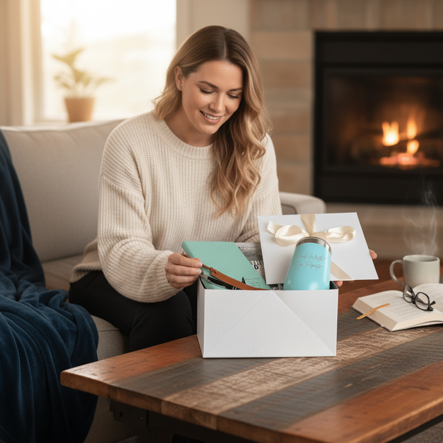 Woman opening white gift box containing a turquoise tumbler, leather journal, bookmark, and pen, displayed on wooden table with fireplace in background