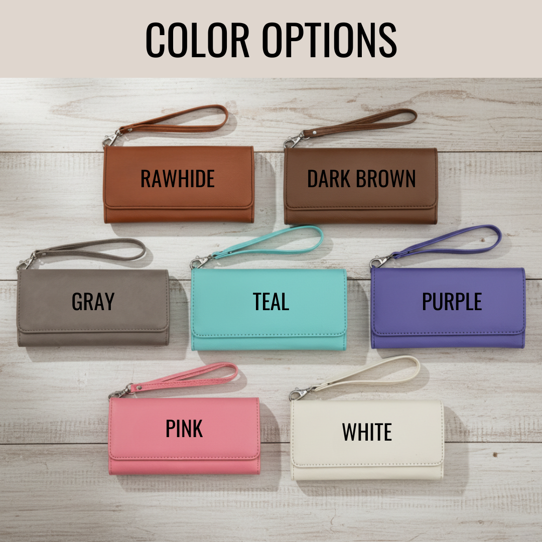 All seven wristlet colour options laid out and labelled: rawhide, grey, dark brown, teal, purple, pink and white faux leather.