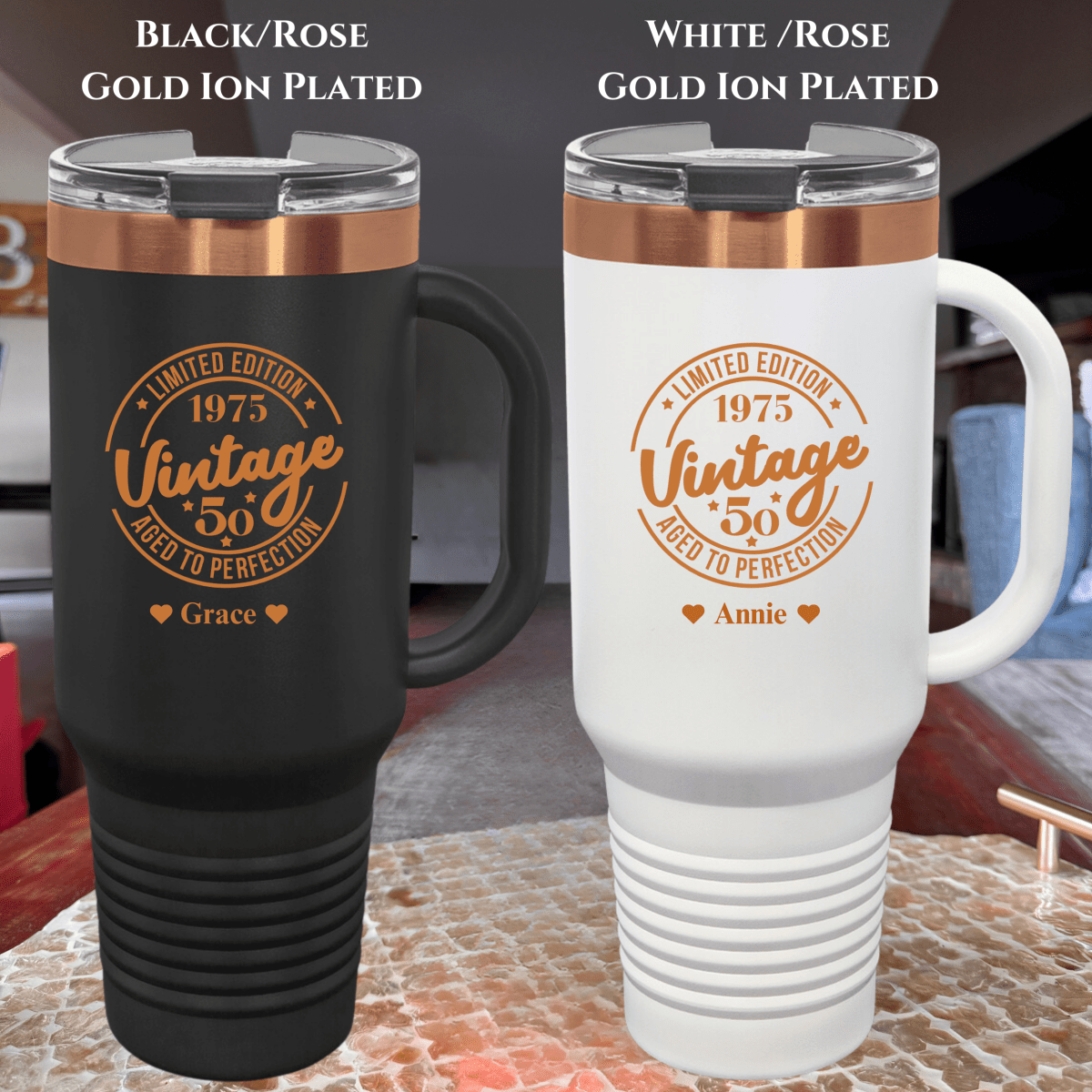 "Golden Jubilee Mega Tumbler of Love – 40 oz personalized stainless steel tumbler for a 50th birthday, available in 16 colors with 'Sassy Since 1975' or 'Vintage 1975' design options, includes lid and straw."